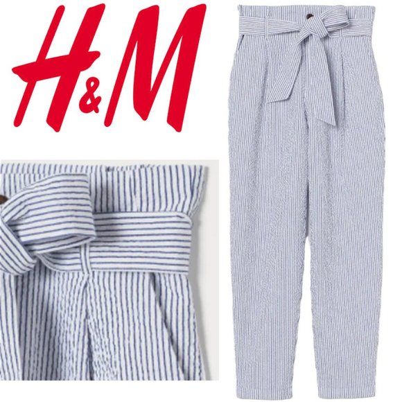 H&M Pants - Paper Bag Pants High Waist Cropped White and Blue Pin Stripes Tie Trendy H&M 6